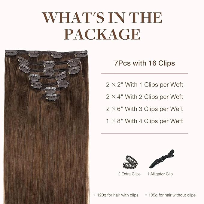 GOO GOO Clip in Hair Extensions Real Human Hair, Remy Human Hair Extensions Clip ins for Women, Natural Human Hair, 24inch 120g 7Pcs, 4A Chocolate Brown