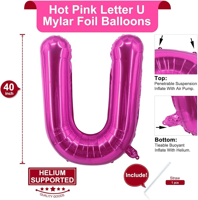 Lovoir 40 Inch Large Hot Pink Letter U Balloons Big Size Jumbo Mylar Foil - Image 2