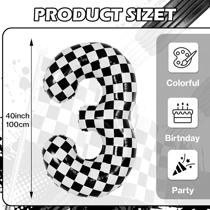 40 Inch Checkered 3 Balloons, Boys Girls Racing Car Track Theme Supplies - Image 2
