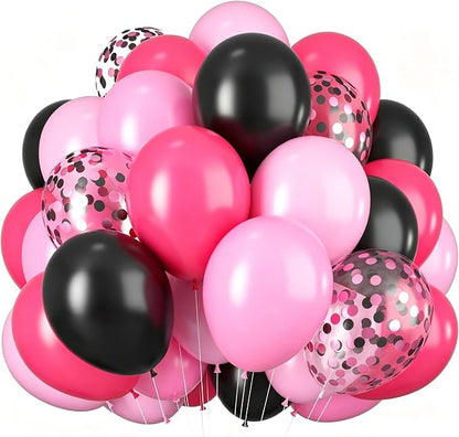 Pink and Black Balloons, 12 Inch Hot Pink Black Balloons Set by BIAPIAN
