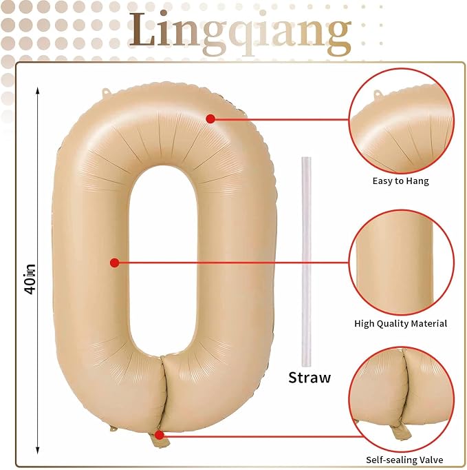 Nude 0 Balloons, 40 Inch Large Tan Foil Number Balloons Set 0-9, Self Inflating - Image 2