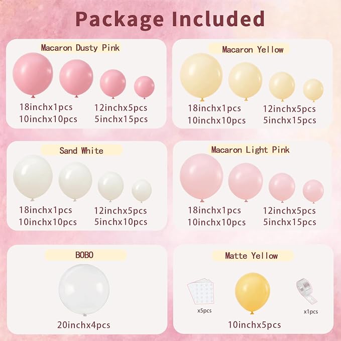 Pink Yellow White Sand Balloons Arch Kit, Party Decor | 128 Pcs Pastel Light - Image 2