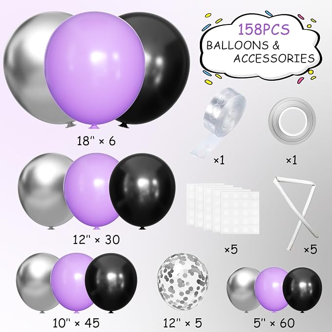 MEBAY Black Purple and Silver Balloons Arch Kit - Image 2