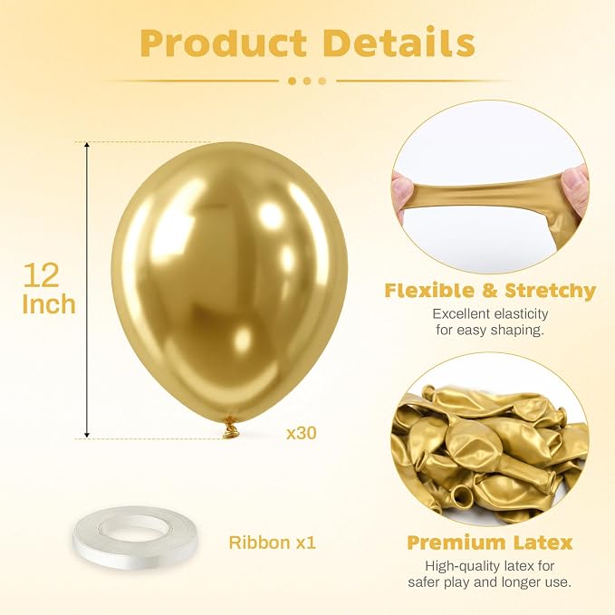 Metallic Gold Balloons, 12 Inch Chrome Gold Latex Party Balloons | 30 Pack Gold - Image 2