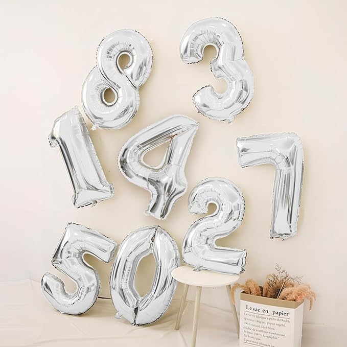 40 Inch Silver Number Balloons, Helium Mylar Foil Number Balloons - Image 6