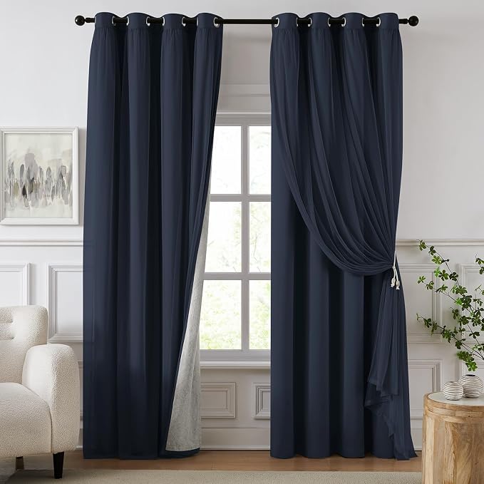 100% Blackout Curtains for Bedroom, Double Layer Navy Blue Curtains, Room by Swandream