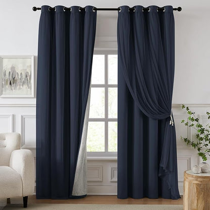 100% Blackout Curtains for Bedroom, Double Layer Navy Blue Curtains, Room by Swandream
