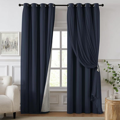 100% Blackout Curtains for Bedroom, Double Layer Navy Blue Curtains, Room by Swandream