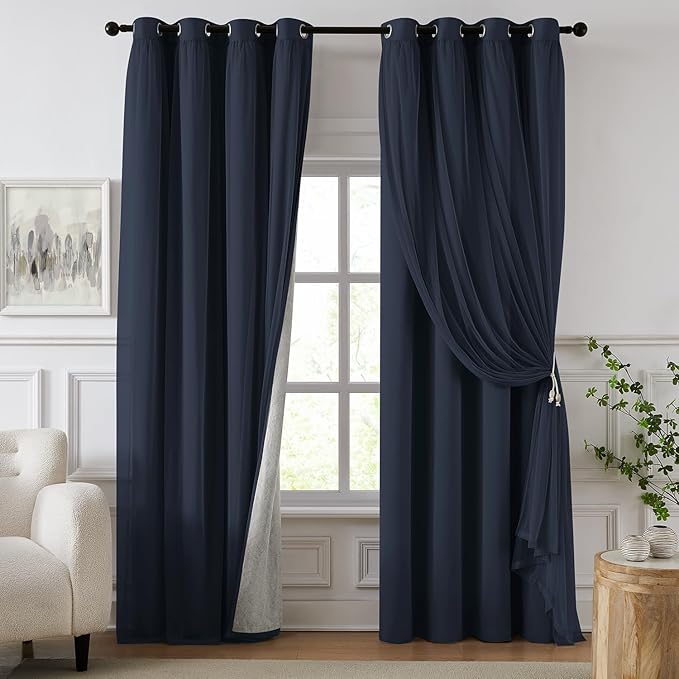 100% Blackout Curtains for Bedroom, Double Layer Navy Blue Curtains, Room by Swandream