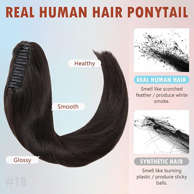 Hairro Clip On Ponytail Hair Extensions Jaw On Claw Clip Ponytails Real Hair Long Jaw/Claw Pony Tail With Clips Hairpieces For Women 20 Inch 120g #1B Natural Black