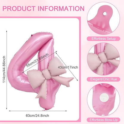 Bow Pink 4 Balloons, 40 Inch Giant Pink Bow Helium Foil Number 4 - Image 2
