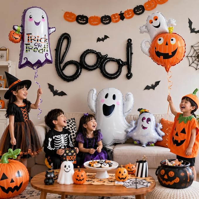 HILAVO 5PCS Halloween Foil Balloons Set, Ghost Pumpkin Boo Balloons Cute Happy - Image 3