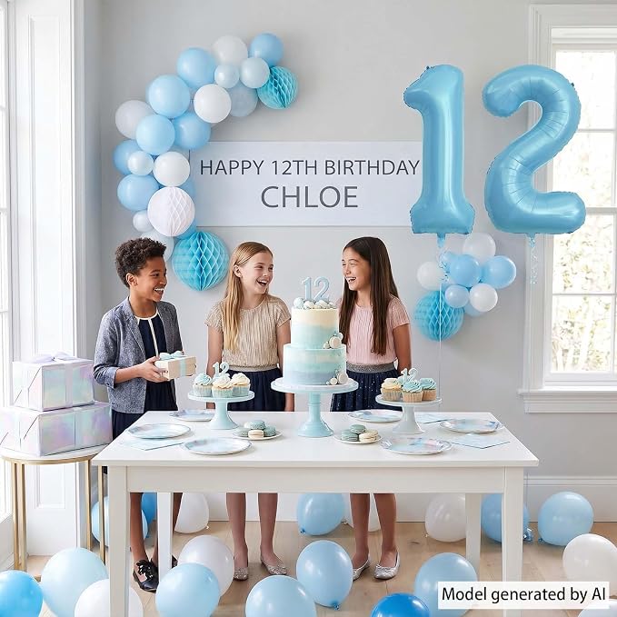Pearlescent Blue Number 12 Balloon 40 Inch, Large Light Blue Foil 12th Birthday - Image 3