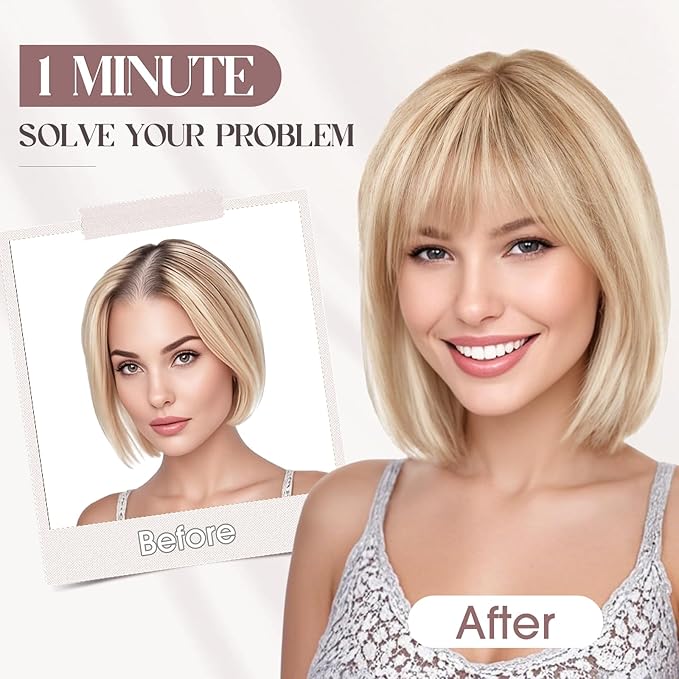 MY-LADY Human Hair Toppers for Women Real Human Hair with Bangs Thin 8.5 * 8.5CM Mono Base Clip in Remy Hairpieces Light Weight 10 Inch Golden Brown Mixed Bleach Blonde
