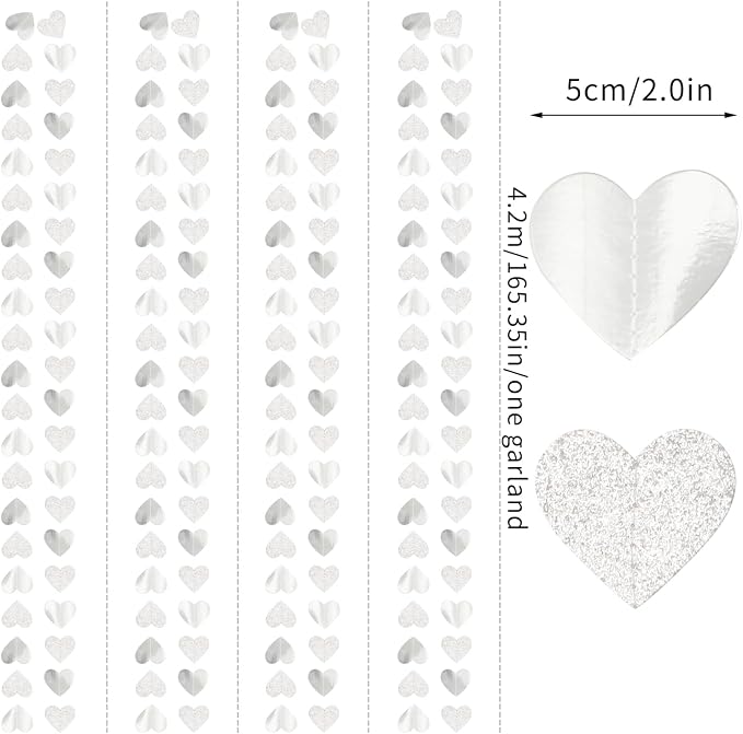 White -Silver Disco Party-Decoration Heart Garland - 52ft Birthday New Years - Image 2