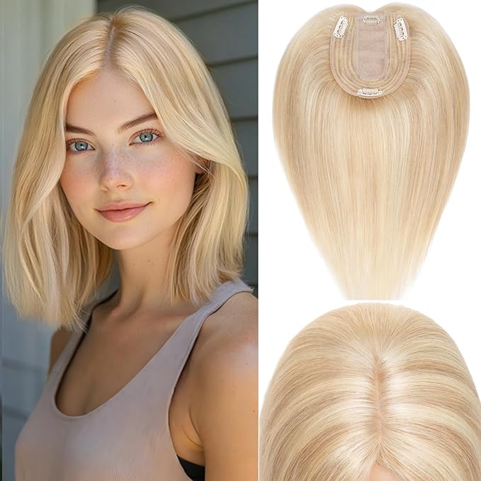 Rich Choices Hair Toppers for Women Real Human Hair 100% Human Remy Toppers NO Bangs with Thinning on Top Clip in Hairpiece 4"x4.7"Lace Base 12 Inch #18P613 Ash Blonde Highlights Bleach Blonde