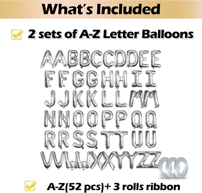 16 Inch 52Pcs Silver Letter Balloons Shiny A-Z Foil Balloon Letters | Reusable - Image 3