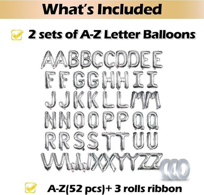 16 Inch 52Pcs Silver Letter Balloons Shiny A-Z Foil Balloon Letters | Reusable - Image 3