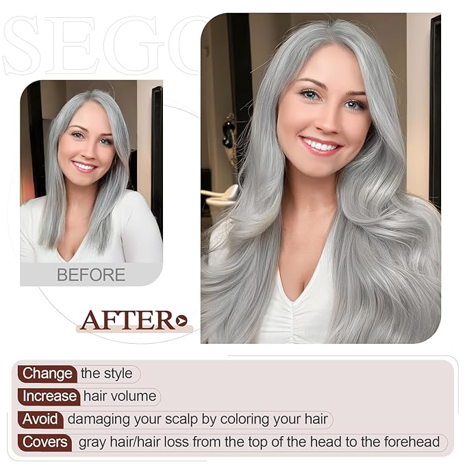 SEGO Hair Topper for Women, No Bangs Real Human Hair Topper with Anti-Slip Clips (16 Inches #Grey)