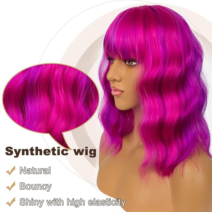 LANICE Short Bob Wigs with Bangs for Women Loose Wavy Hair Shoulder Length Rose Mix Purple Wigs Synthetic Colorful Wigs for Cosplay Daily PartyUse(Rose Mix Purple,12inch)