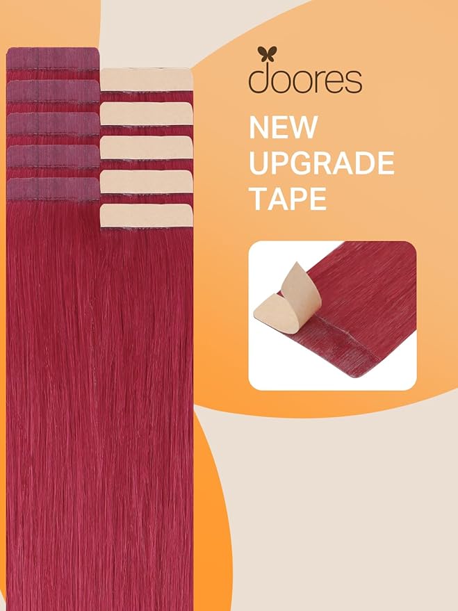 DOORES Remy Hair Extensions, Burgundy Red, 14 Inch Straight, 25g 10pcs Tape In