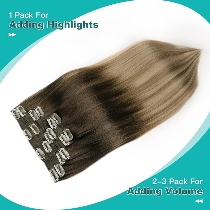 SURNEL Clip in Hair Extensions Balayage Dark Brown to Dirty Blonde Clip in Extensions Human Hair 20inch 6pcs 120g(#2/6/18,20'')
