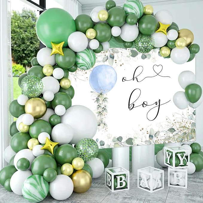 Mocsicka Greenery Oh Boy Baby Shower Backdrop 7x5ft | Blue Balloon, Botanical - Image 2