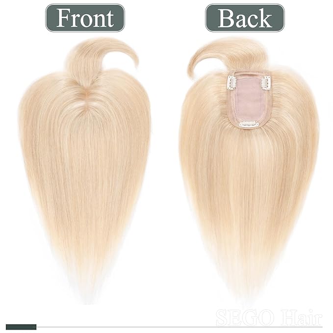 SEGO Hair Toppers for Women Real Human Hair with Thinning, with Front Bangs Clip in Toppers Straight 150% Density Silk Base -18 Inch #18/613 Ash Blonde Mix Bleach Blonde
