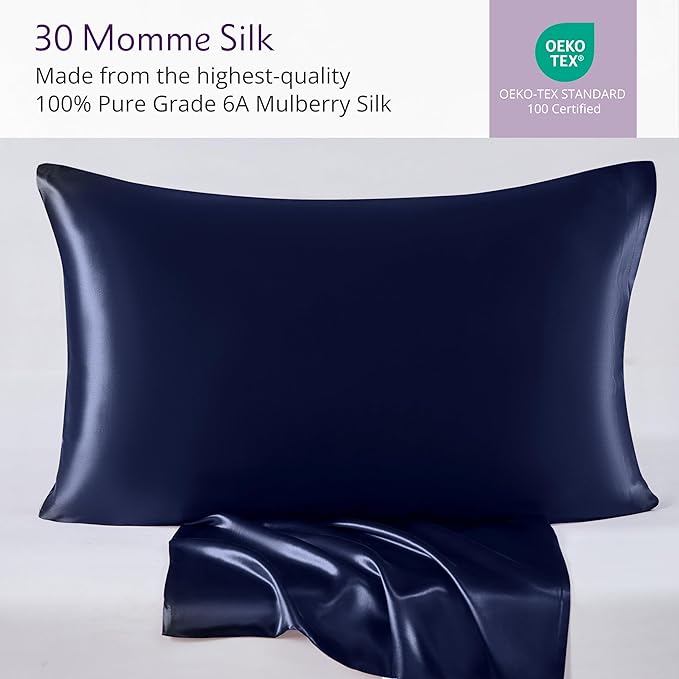 Mulberry Park 30 Momme 100% Pure Mulberry Silk Pillowcase - Luxury Charmeuse Weave for Hair and Skin, Cooling Silk Pillow Cover for Beauty Sleep - King Size 20"x30" / Navy