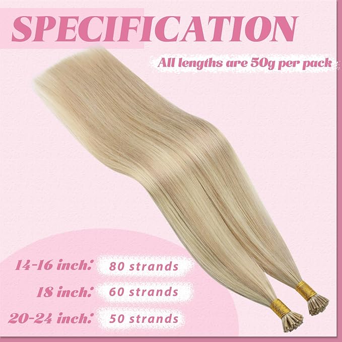 YoungSee I Tip Extensions Blonde Itip Hair Extensions Real Human Hair Ash Blond Highlighted Blonde 24 Inch 50s 50g Invisible I Tips Hair Extension Highlight I-Tip Human Hair Extension Long Hair