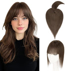 Hairro Mono Hair Toppers with Bangs, 3.4" x 3.4" Mono Base 100% Real Human Hairpieces for Women, 150% Density Clips In Topper for Greyish Thinning Hair, 12 Inch Cocoa Brown