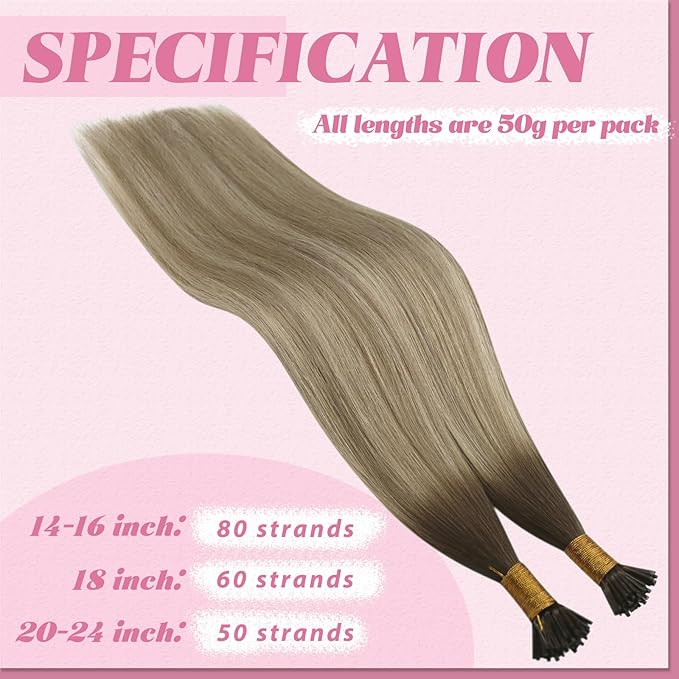 YoungSee I Tips Hair Extensions Human Hair Ombre Itips Hair Extensions Ombre Dark Brown to Light Brown with Blonde I-Tip Extension Balayage 20In Keratin Hair Extensions Volume-Adding 50s 50g