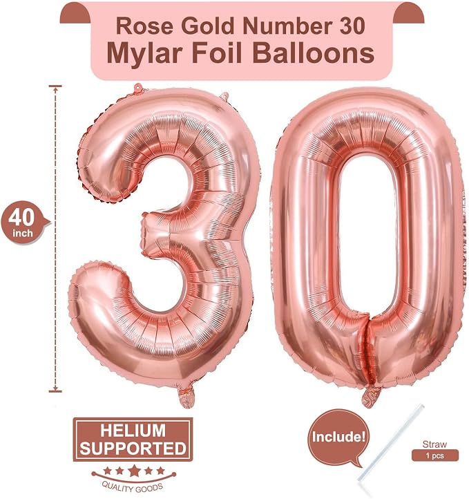 40 Inch Rose Gold 30 Number Balloons Giant Jumbo Huge 30 Foil Mylar Helium - Image 2