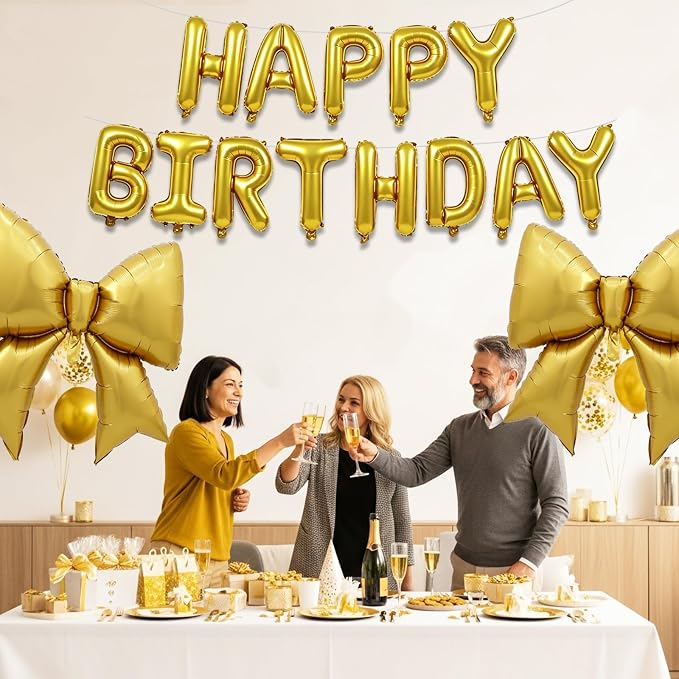 Vuzvuv Gold Happy Birthday Balloons, 38 Inches Huge Bow Aluminum Foil Balloons - Image 4
