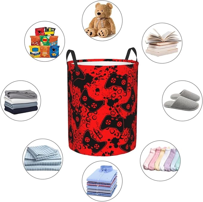 Game Joysticks Red Background Round Laundry Hamper Storage Basket Toys Clothes - Image 9