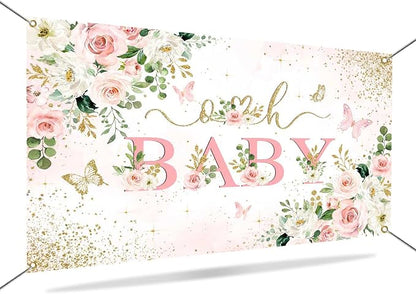 Mocsicka Girl Baby Shower Backdrop Banner Pink Floral Decorations - Image 7