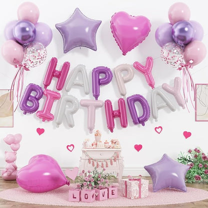 29PC Pink Purple Happy Birthday Balloon Banner, 16 Inch Foil Letters Letter by Paready
