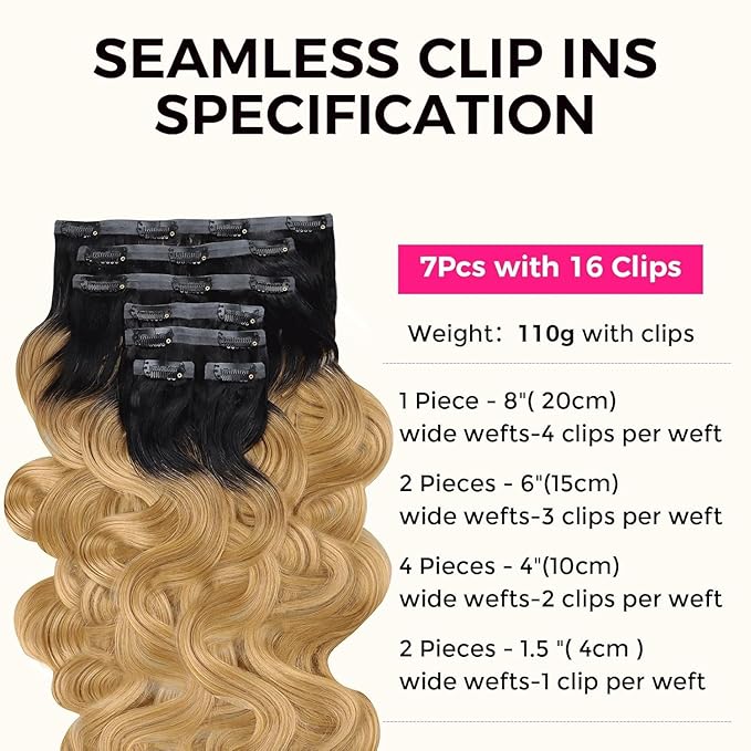 Lashey Seamless Clip in Hair Extensions Human Hair 7pcs 110g 14 Inch Body Wave Ombre Natural Black to Honey Blonde Hair Extensions Clip ins with Soft PU Weft