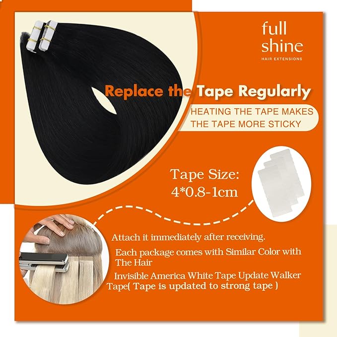 Full Shine Real Human Hair Tape in Extensions Black 24Inch Double Sided for Skin Weft Tape in Hair Extensions 20Pcs 50Gram Color 1 Jet Black Seamless Hair Extensions Real Human Hair Straight