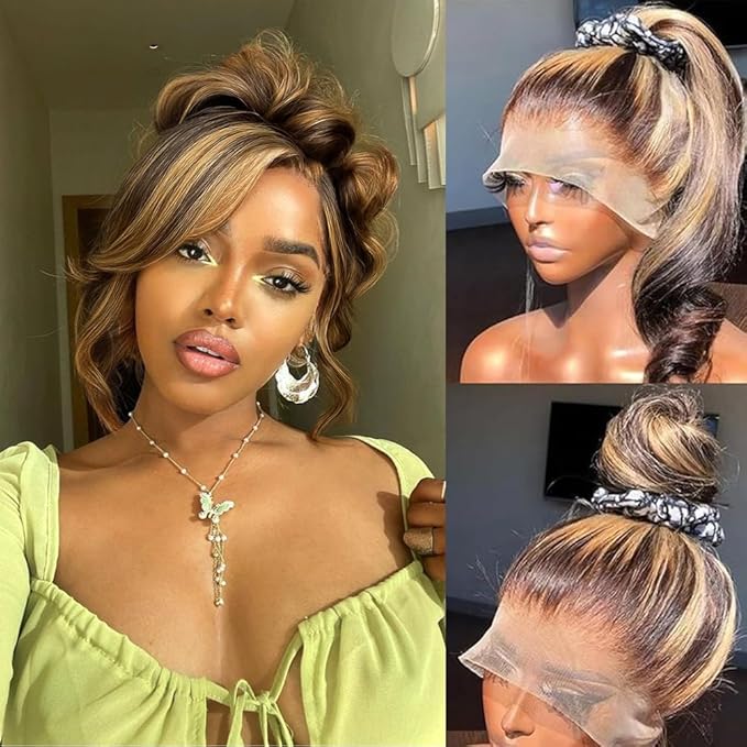 AMIRTY 250 Density Highlight Ombre 360 Lace Front Wig Human Hair Honey Blonde Body Wave HD Lace Front Wigs Human Hair Pre Plucked Brown 4/27 Colored Lace Frontal Glueless Wigs for Women 26 Inch