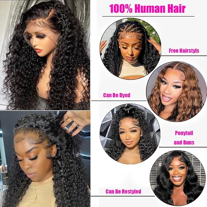 VIPbeauty 30 Inch 13x6 Deep Wave Lace Front Wigs Human Hair Wigs for Women 200 Density HD Lace Front Wigs Human Hair Pre Plucked with Baby Hair Natural Black