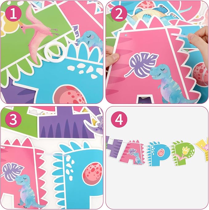 Dinosaur Happy Birthday Banner Cute Dinosaur Party Banner Pink Dinosaur - Image 3