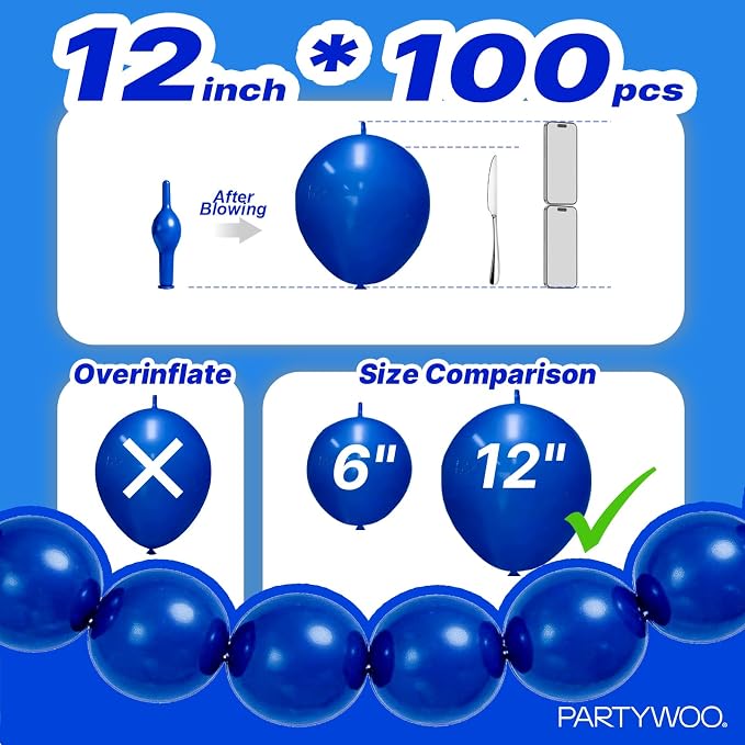 PartyWoo Royal Blue Linking Balloons 100pcs 12 Inch Dark Blue Link Balloons | - Image 4