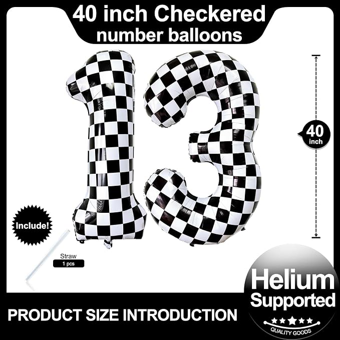 LHOAVWE Number 13 Checkered Balloons 40 Inch Giant Race Car Checkered 13 Number - Image 2