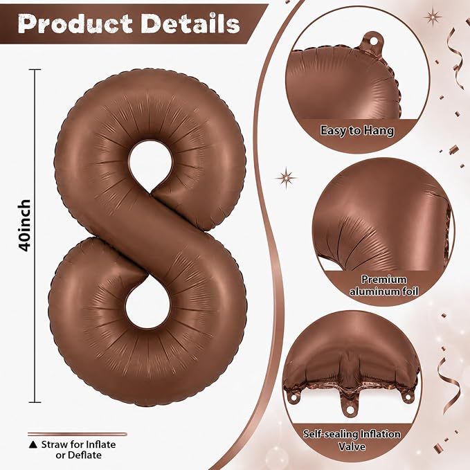 40 Inch Balloon Number 8 Dark Brown, Large Foil Chocolate Brown Number 8 - Image 2