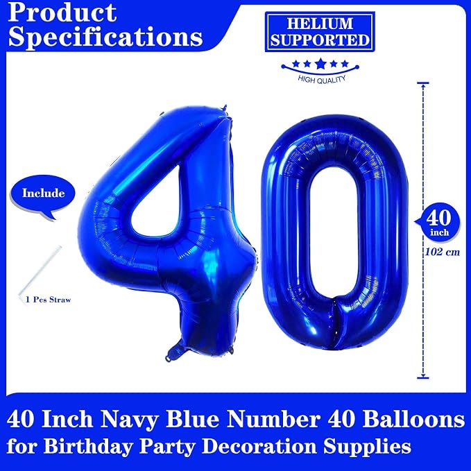 Navy Blue 40 Number Balloons, 40 Inch Giant Number 40 Balloons Foil Mylar - Image 2