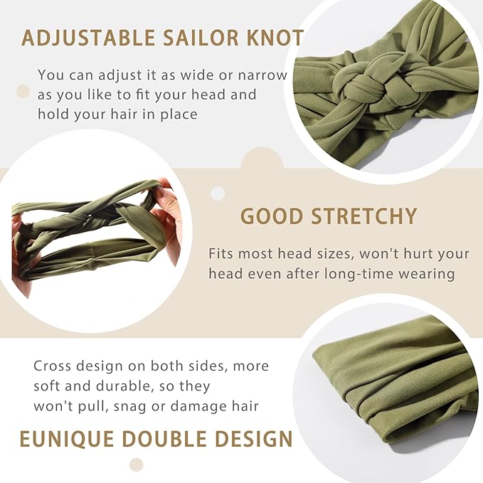 Vercret Headbands for Women Sailor Knot Headband Black Double Wide Elastic Adjustable Braided Hair Bands Non Slip for Girls Boho Stretchy Turban Headwrap Yoga Workout,Solid Color, 3Pcs