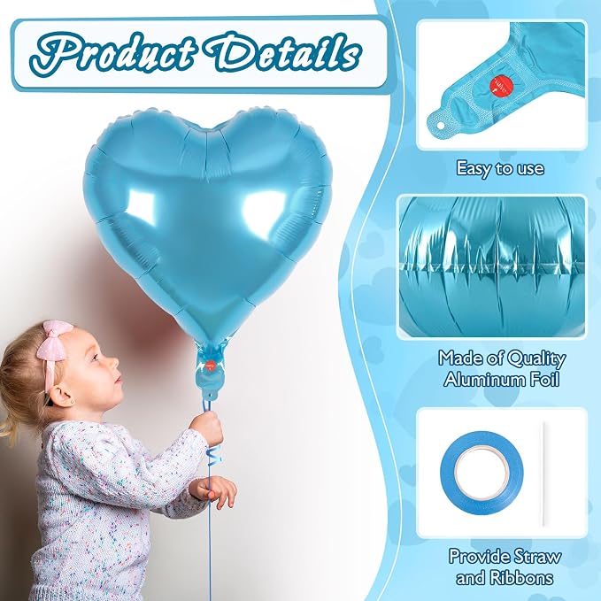 12 Pcs Light Blue Heart Balloons, 18 Inch Heart Foil Balloons Love Balloon - Image 5