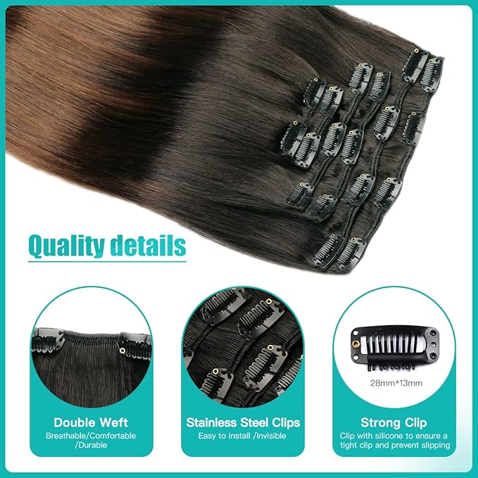 SURNEL Clip in Human Hair Extensions 18 Inch 6pcs 120g Natural Black to Chocolate Brown Double Drawn Clip Hair Extensions (#1BT4,18'')
