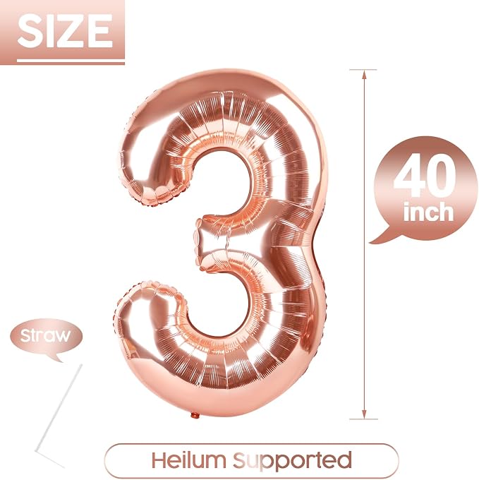 3 Balloon - Rose Gold Birthday Number Balloons, 40 Inch Party Decorations | - Image 5